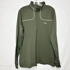 LL Bean Mens 1/4 Zip Olive Green Pullover Fleece Lined Thumbholes Sz L